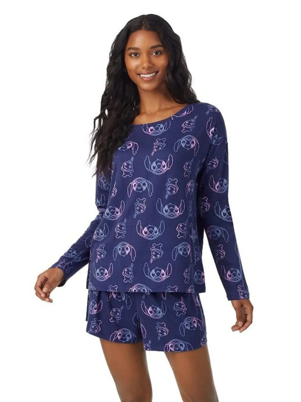 Disney Lilo & Stitch Juniors Pajama Set Long Sleeve Top Shorts Blue NWT Large